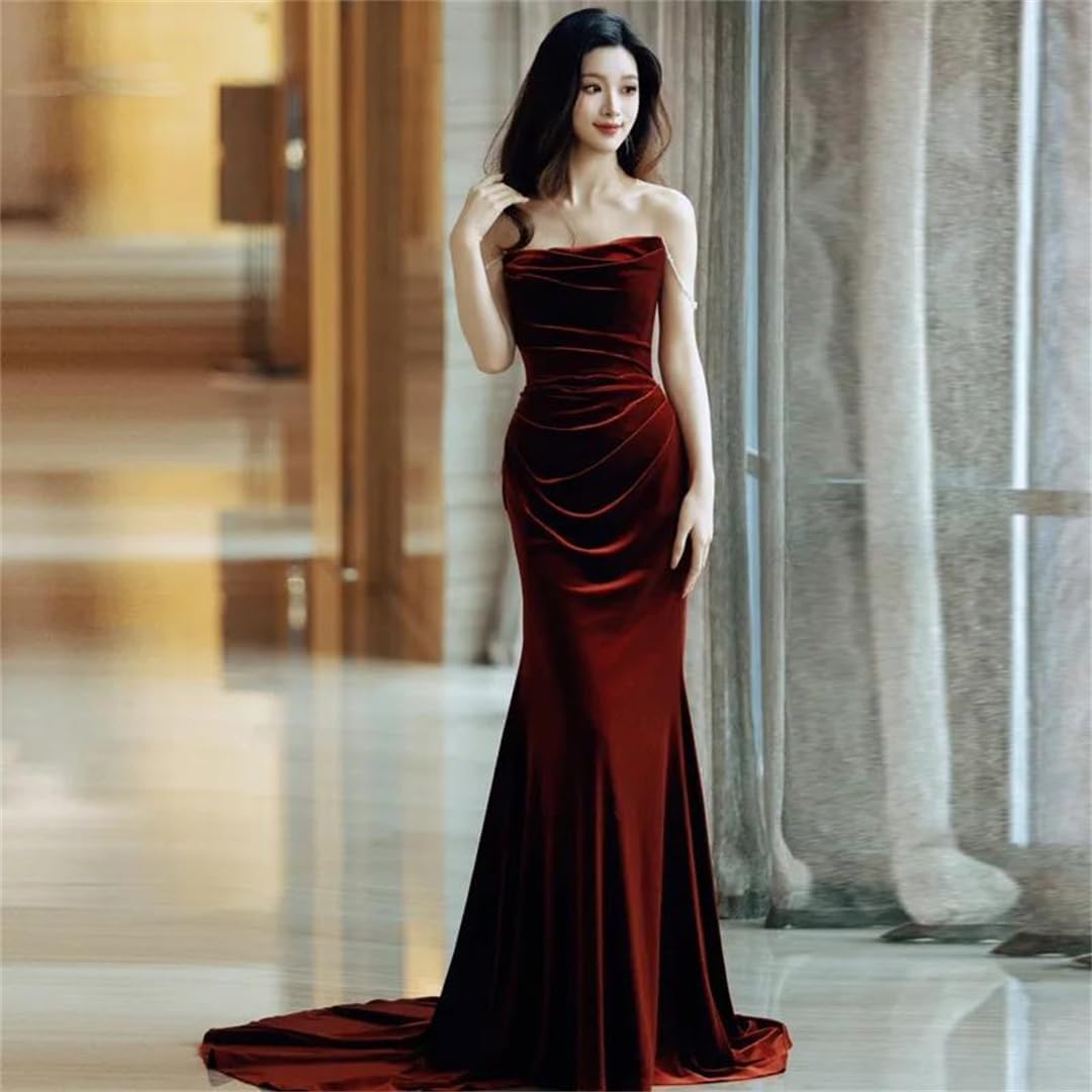 Women Velour Wedding Dress Fishtail Evening Spaghetti Straps Solid Dresses - Image 2