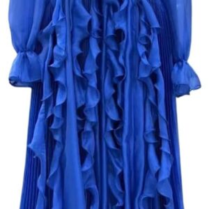 Women Vintage Pleated Evening Dresses V Neck Puff Long Sleeves Pary Prom Gowns Mother Dress