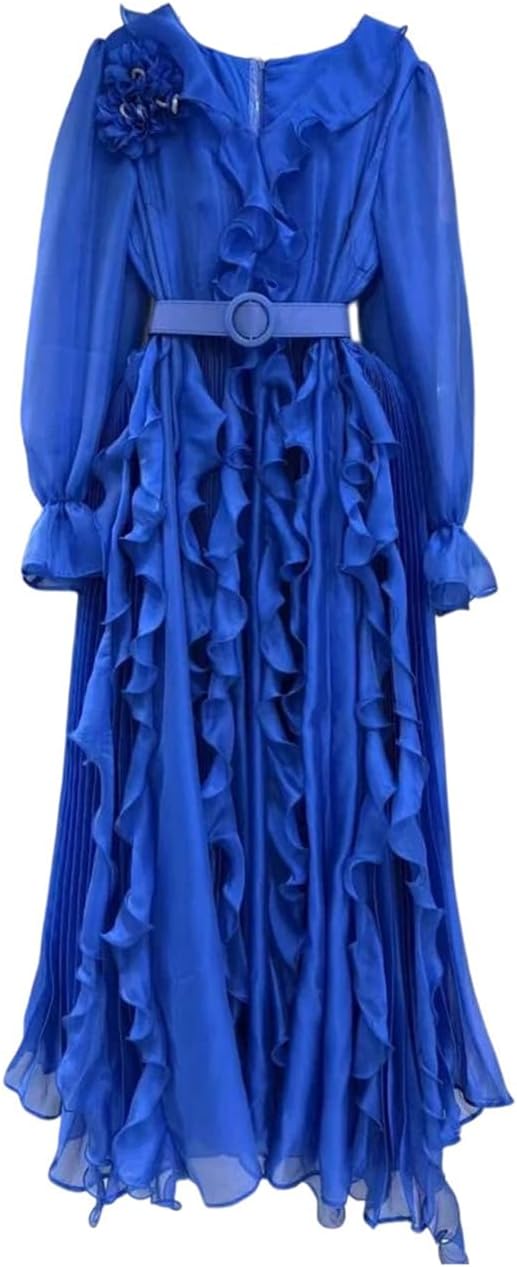 Women Vintage Pleated Evening Dresses V Neck Puff Long Sleeves Pary Prom Gowns Mother Dress