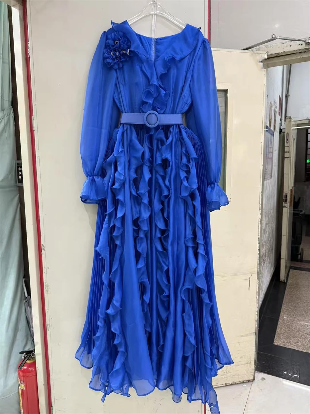 Women Vintage Pleated Evening Dresses V Neck Puff Long Sleeves Pary Prom Gowns Mother Dress - Image 2