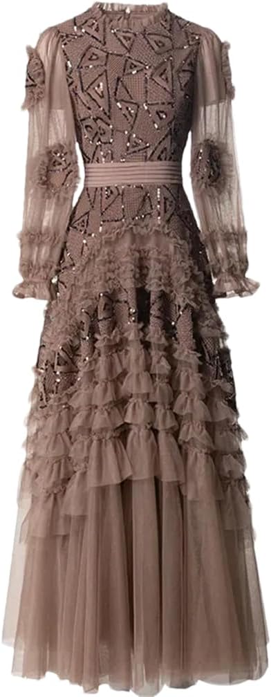 Women's Autumn and Winter Ball Gown Dress Stand Collar Lantern Sleeved Sequins Ruffles Slim Evening Dresses