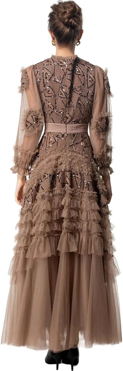 Women's Autumn and Winter Ball Gown Dress Stand Collar Lantern Sleeved Sequins Ruffles Slim Evening Dresses - Image 2