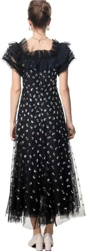 Women's Black Lace Diamond Patchwork Evening Dress Short Sleeve A-Line Slim Fit Party Prom Dresses - Image 6