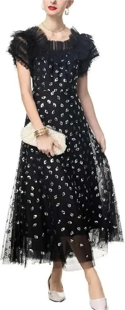 Women's Black Lace Diamond Patchwork Evening Dress Short Sleeve A-Line Slim Fit Party Prom Dresses - Image 4