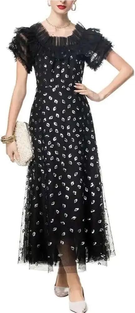 Women's Black Lace Diamond Patchwork Evening Dress Short Sleeve A-Line Slim Fit Party Prom Dresses - Image 5