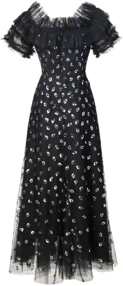 Women's Black Lace Diamond Patchwork Evening Dress Short Sleeve A-Line Slim Fit Party Prom Dresses - Image 2