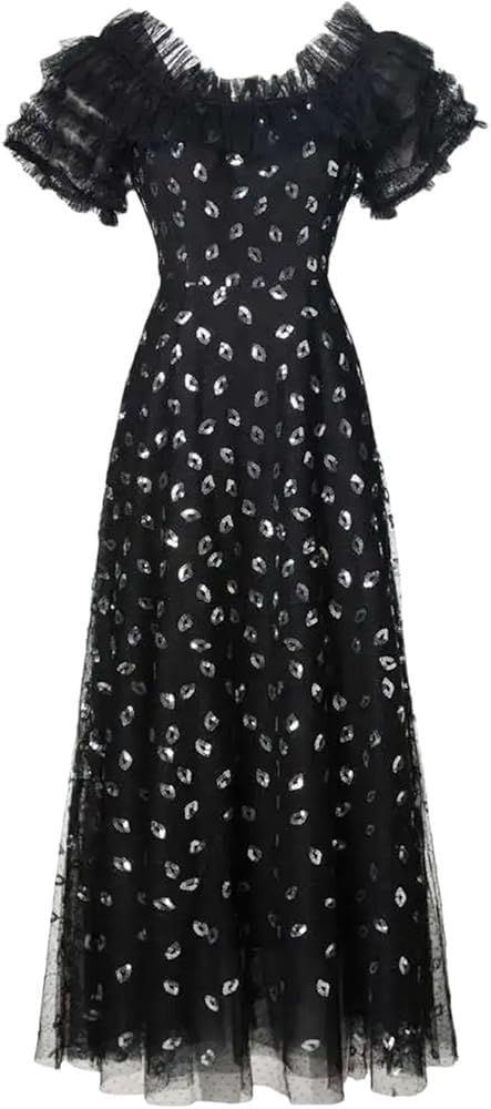 Women's Black Lace Diamond Patchwork Evening Dress Short Sleeve A-Line Slim Fit Party Prom Dresses