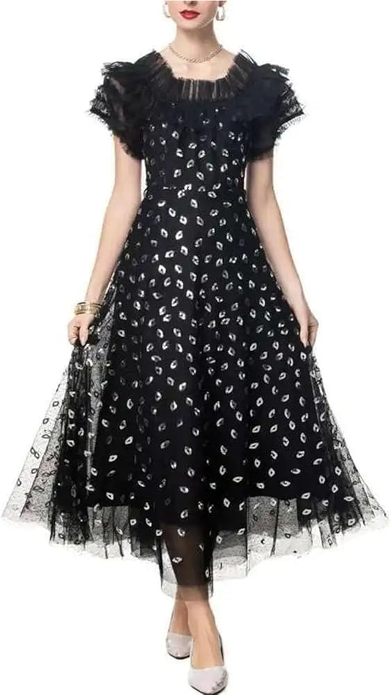 Women's Black Lace Diamond Patchwork Evening Dress Short Sleeve A-Line Slim Fit Party Prom Dresses - Image 3