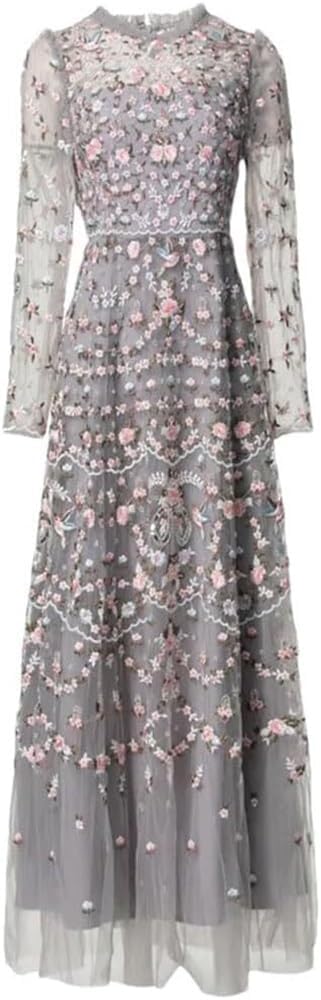 Women's Elegant Hollow Out Embroidery Evening Dress O Neck Long Sleeve Wedding Guest Party Maxi Dresses - Image 3