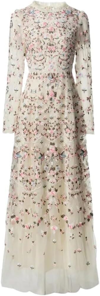 Women's Elegant Hollow Out Embroidery Evening Dress O Neck Long Sleeve Wedding Guest Party Maxi Dresses