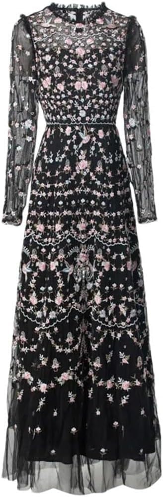 Women's Elegant Hollow Out Embroidery Evening Dress O Neck Long Sleeve Wedding Guest Party Maxi Dresses - Image 5