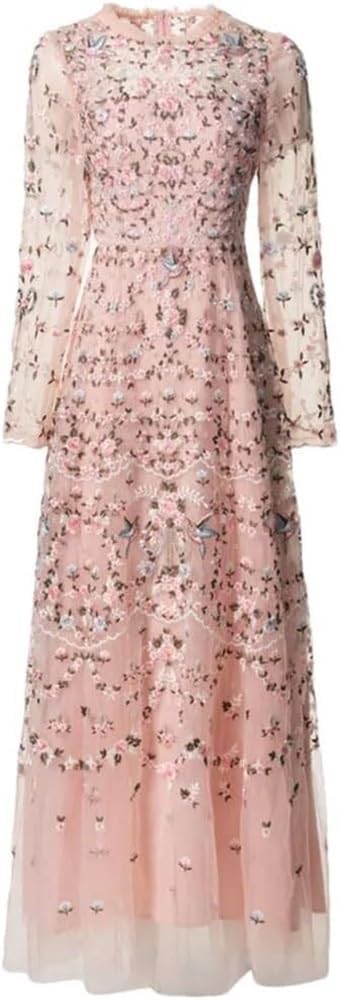 Women's Elegant Hollow Out Embroidery Evening Dress O Neck Long Sleeve Wedding Guest Party Maxi Dresses - Image 4