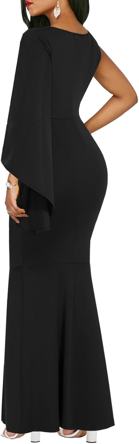 Women's Elegant One Bell Sleeve Side Split Bodycon Long Formal Evening Dress - Image 2