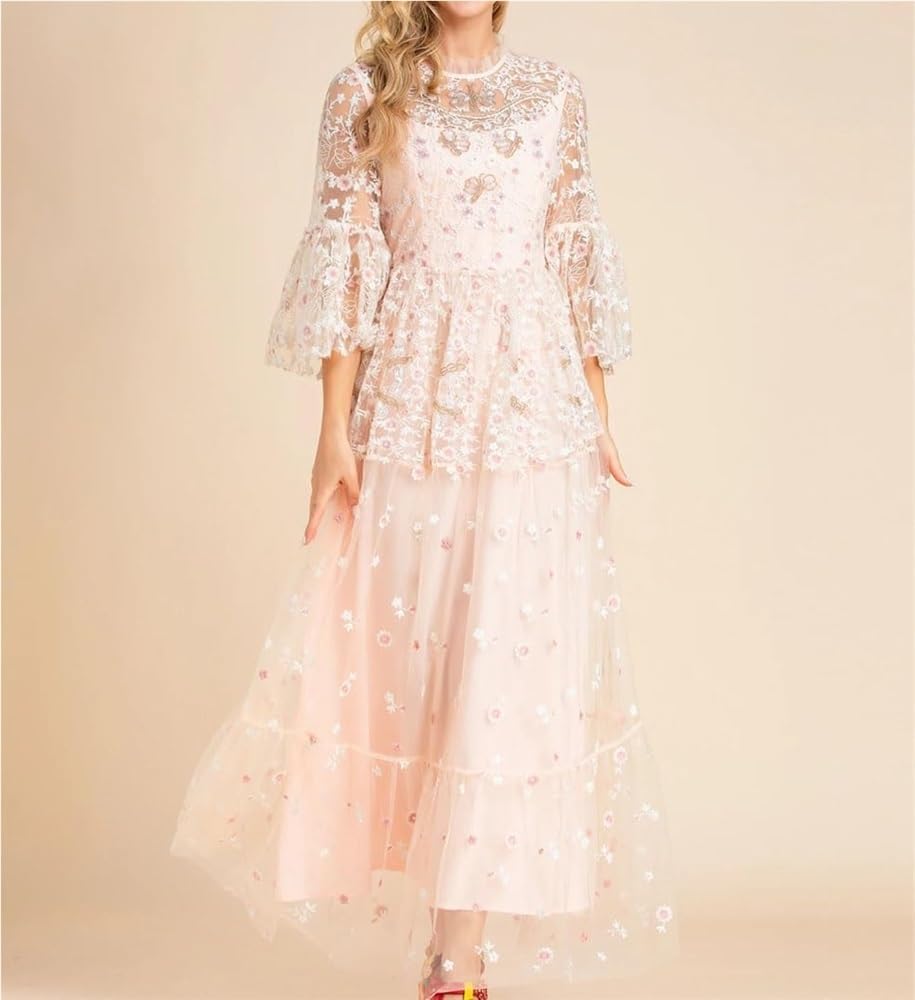 Women's Embroidered Mesh Long Dress Floral Flare Sleeve Holiday Party Evening Gown(XX-L) - Image 2