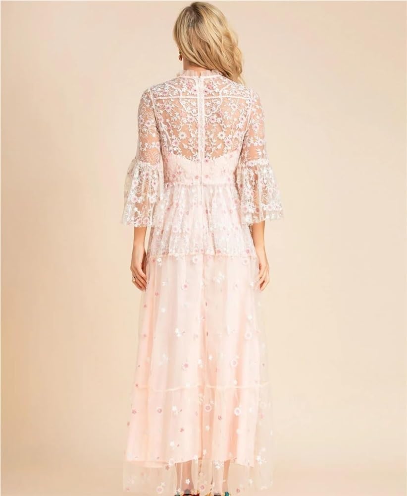 Women's Embroidered Mesh Long Dress Floral Flare Sleeve Holiday Party Evening Gown(XX-L) - Image 3