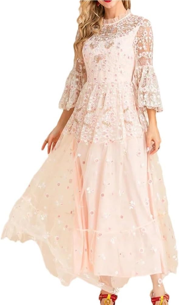 Women's Embroidered Mesh Long Dress Floral Flare Sleeve Holiday Party Evening Gown(XX-L)