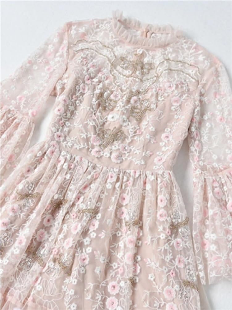 Women's Embroidered Mesh Long Dress Floral Flare Sleeve Holiday Party Evening Gown(XX-L) - Image 4