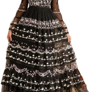 Women's Embroidered Sequin Long Dress Holiday Party Evening Gown Elegant Dress(XX-L) Multi