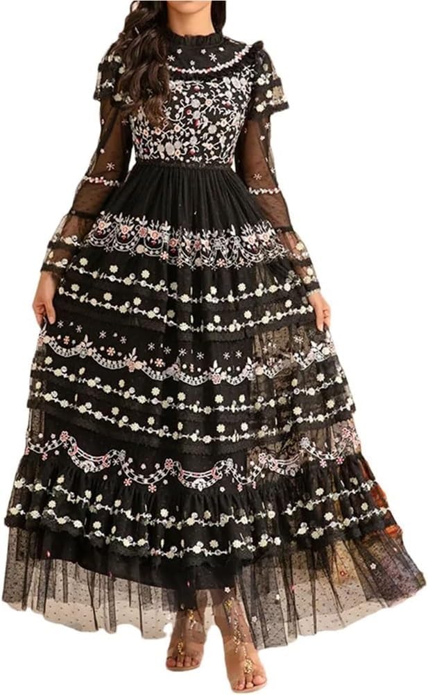 Women's Embroidered Sequin Long Dress Holiday Party Evening Gown Elegant Dress(XX-L) Multi