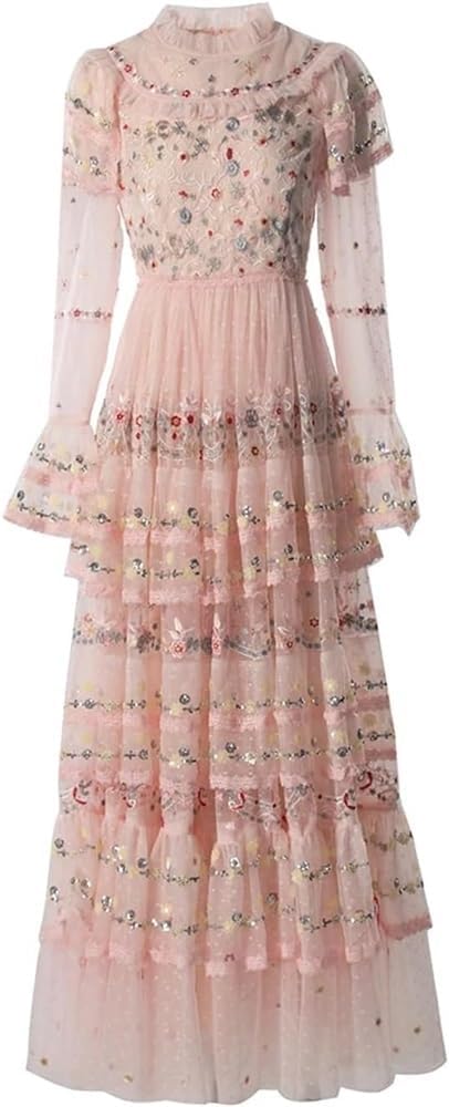 Women's Embroidered Sequin Mesh Ruffle Dress Cascading Vacation Evening Gown(Pnnrk,XX-L) - Image 4