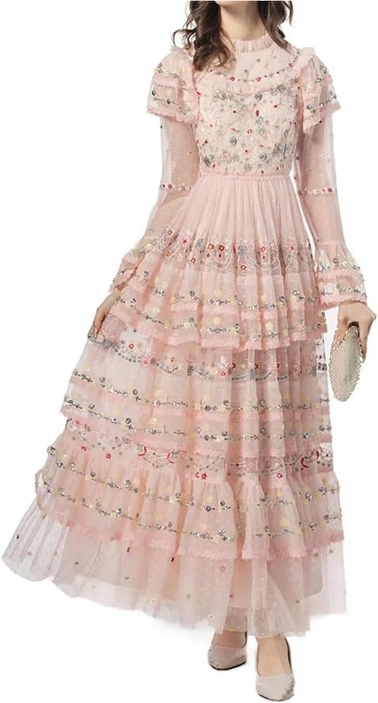 Women's Embroidered Sequin Mesh Ruffle Dress Cascading Vacation Evening Gown(Pnnrk,XX-L) - Image 3