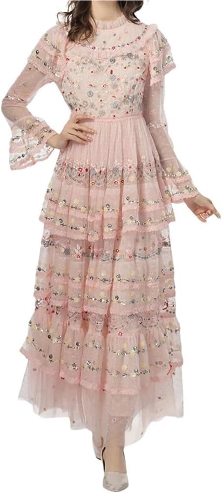 Women's Embroidered Sequin Mesh Ruffle Dress Cascading Vacation Evening Gown(Pnnrk,XX-L)