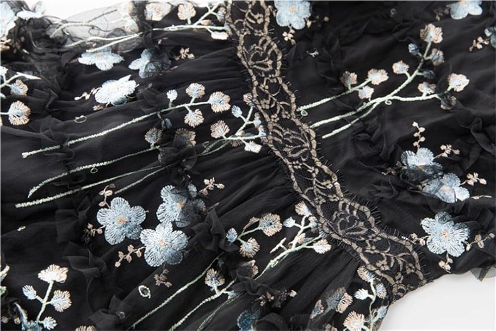 Women's Floral Embroidery Black Maxi Dress O Neck Ruffles Vestidos Eleagnt Evening Dress - Image 4