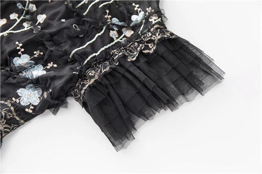 Women's Floral Embroidery Black Maxi Dress O Neck Ruffles Vestidos Eleagnt Evening Dress - Image 3