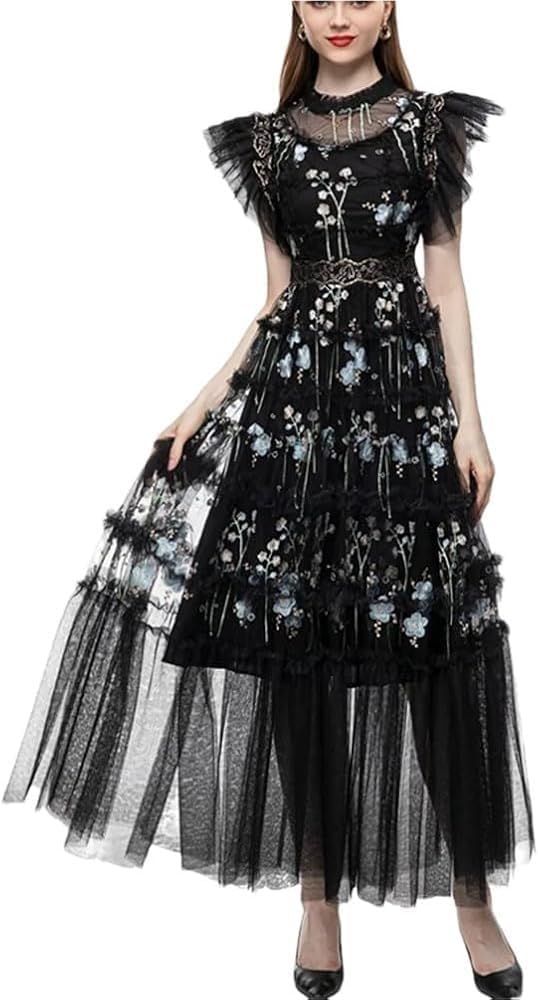 Women's Floral Embroidery Black Maxi Dress O Neck Ruffles Vestidos Eleagnt Evening Dress