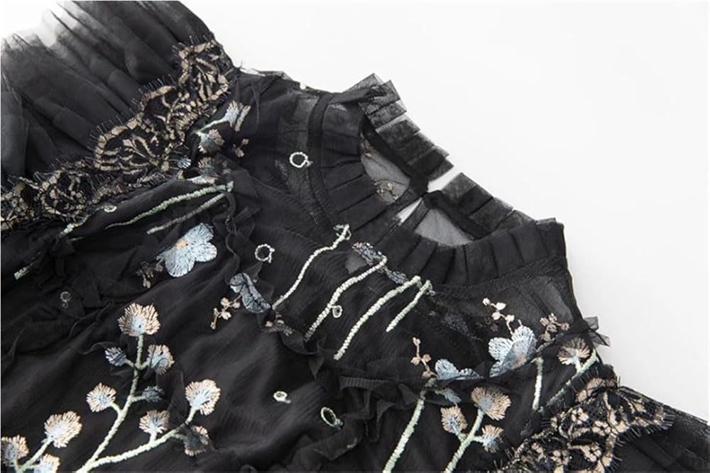 Women's Floral Embroidery Black Maxi Dress O Neck Ruffles Vestidos Eleagnt Evening Dress - Image 2