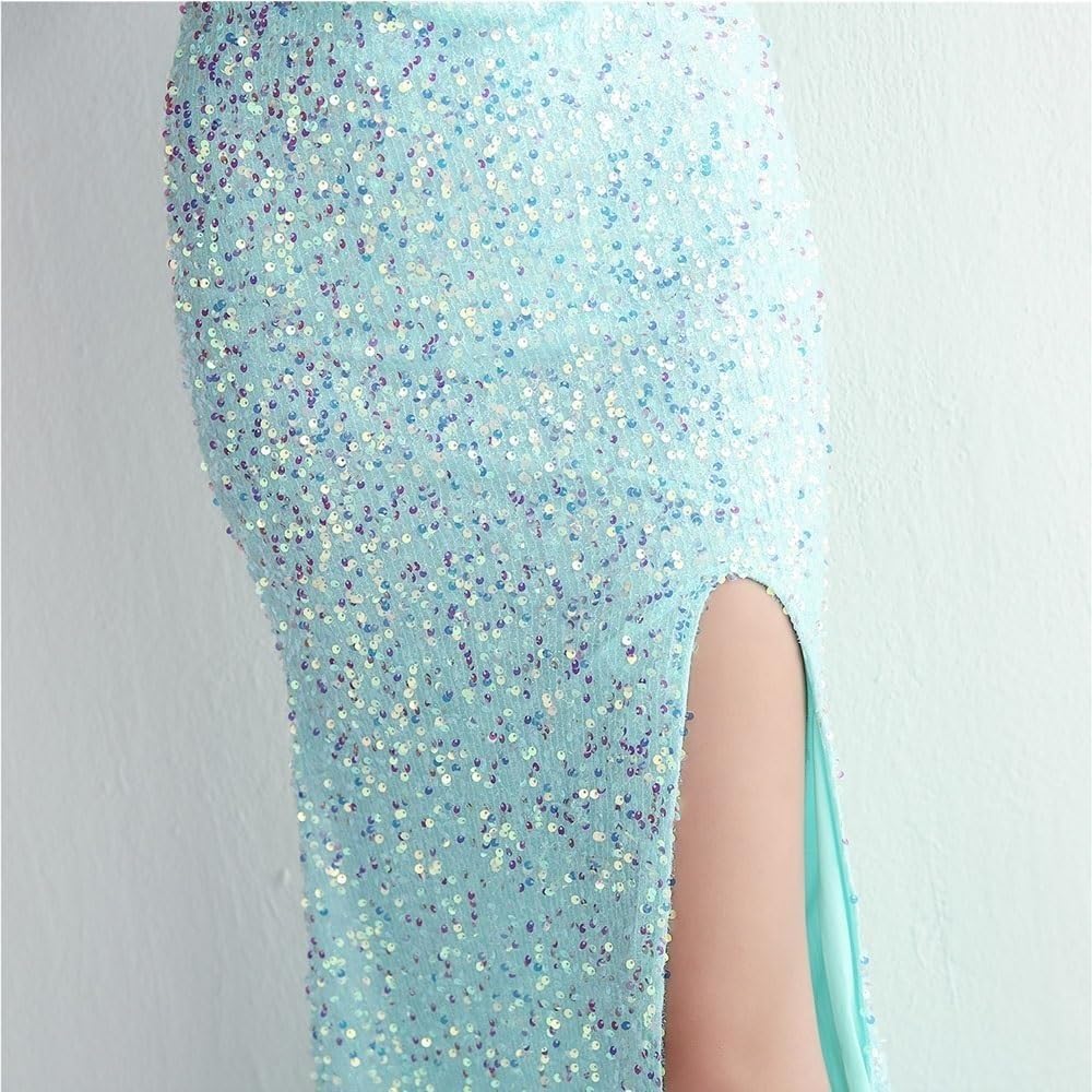 Women's Green One Shoulder Sequins Evening Dress Ruffled Side Slit Formal Cocktail Prom Party Wedding Guest Dress - Image 6