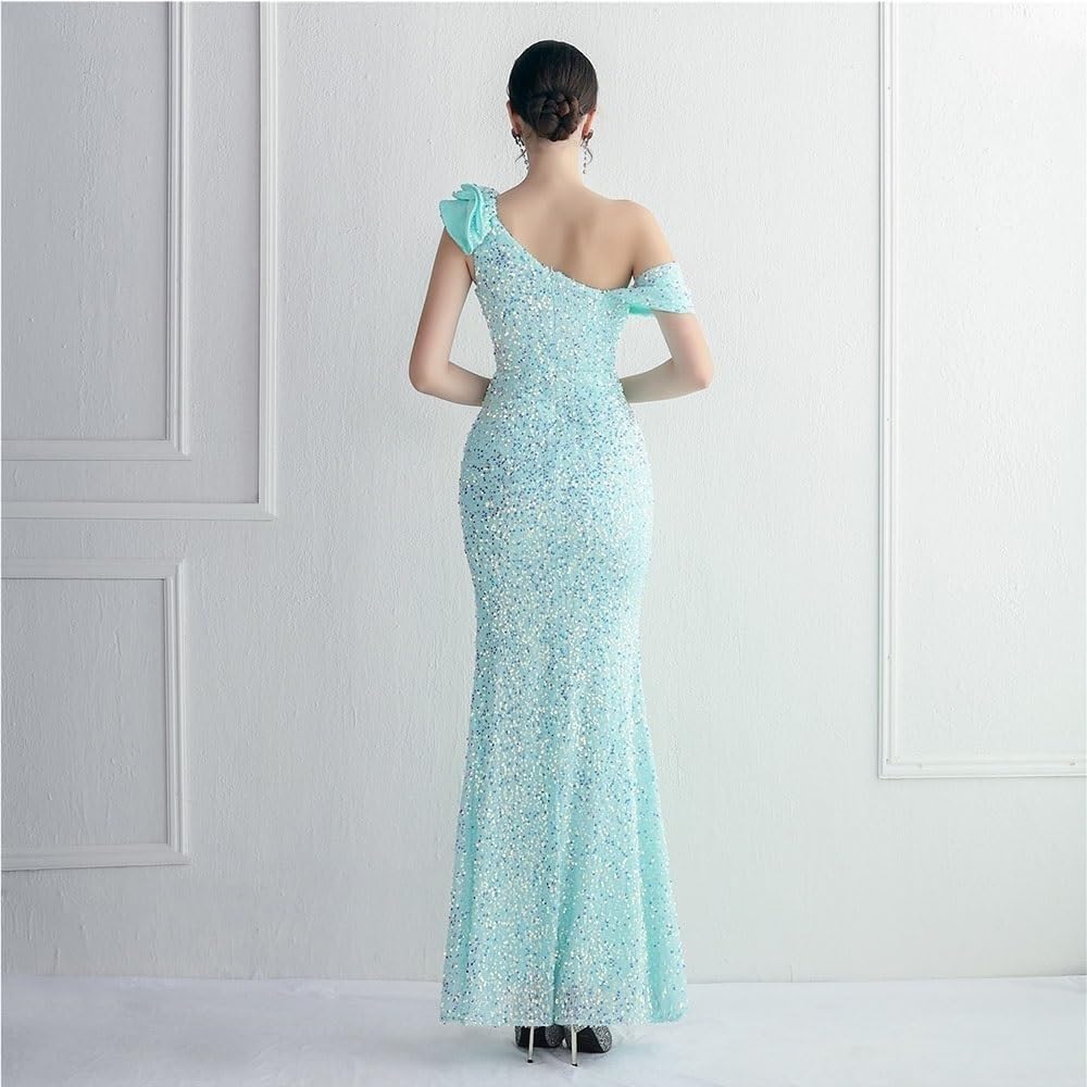 Women's Green One Shoulder Sequins Evening Dress Ruffled Side Slit Formal Cocktail Prom Party Wedding Guest Dress - Image 3