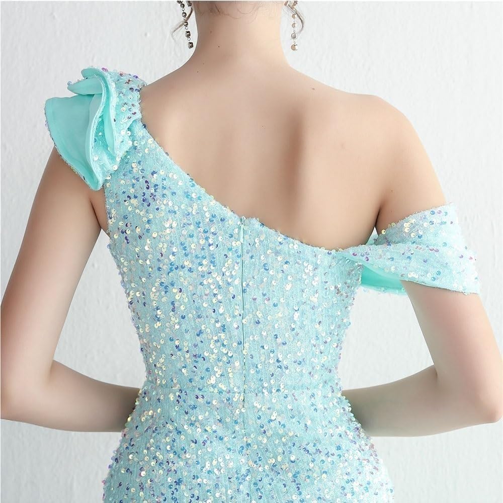 Women's Green One Shoulder Sequins Evening Dress Ruffled Side Slit Formal Cocktail Prom Party Wedding Guest Dress - Image 4