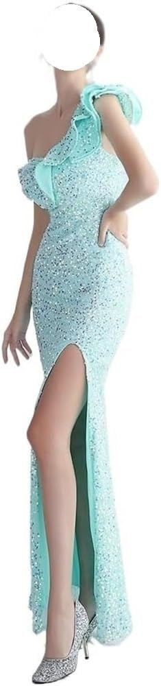 Women's Green One Shoulder Sequins Evening Dress Ruffled Side Slit Formal Cocktail Prom Party Wedding Guest Dress - Image 2