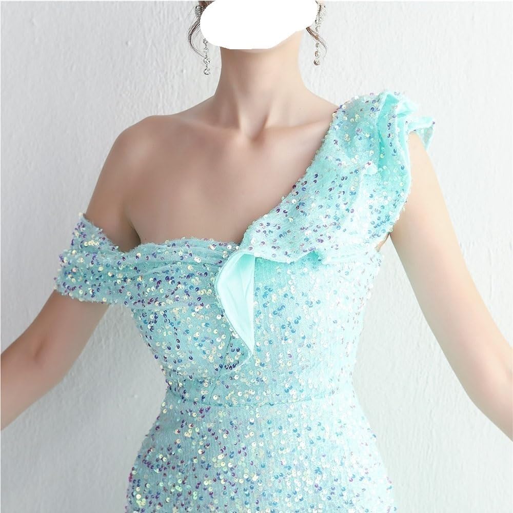 Women's Green One Shoulder Sequins Evening Dress Ruffled Side Slit Formal Cocktail Prom Party Wedding Guest Dress - Image 5