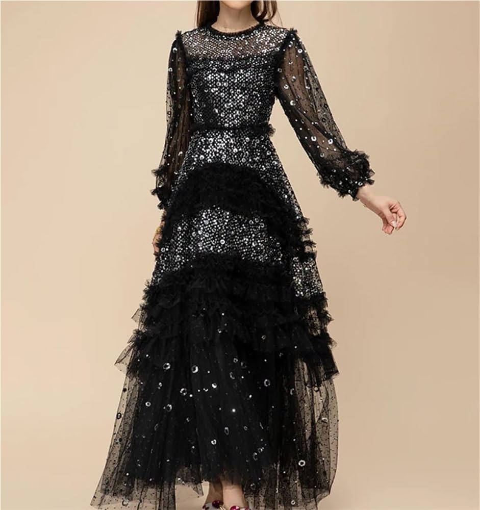 Women's Lace Slim Fit Ruffle Dress Cascading Layered Evening Dress - Image 2