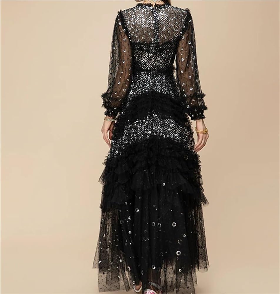 Women's Lace Slim Fit Ruffle Dress Cascading Layered Evening Dress - Image 3