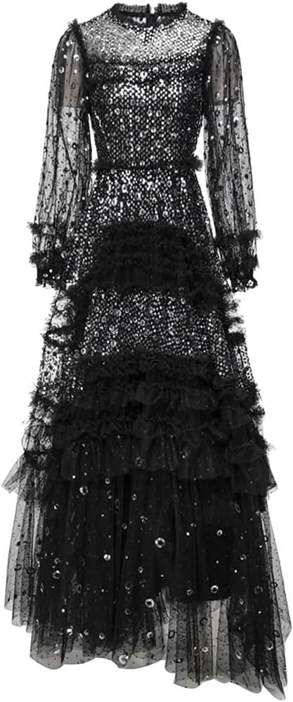 Women's Lace Slim Fit Ruffle Dress Cascading Layered Evening Dress - Image 4