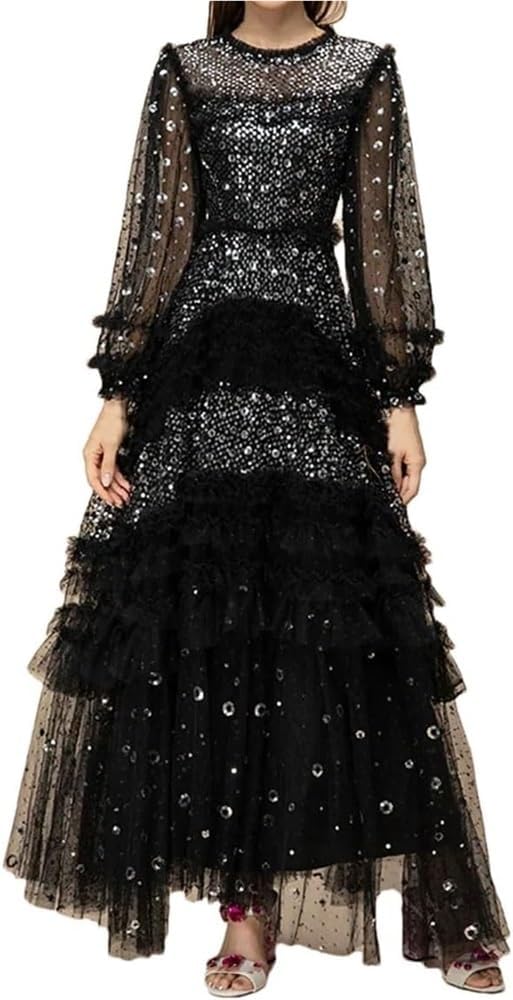 Women's Lace Slim Fit Ruffle Dress Cascading Layered Evening Dress