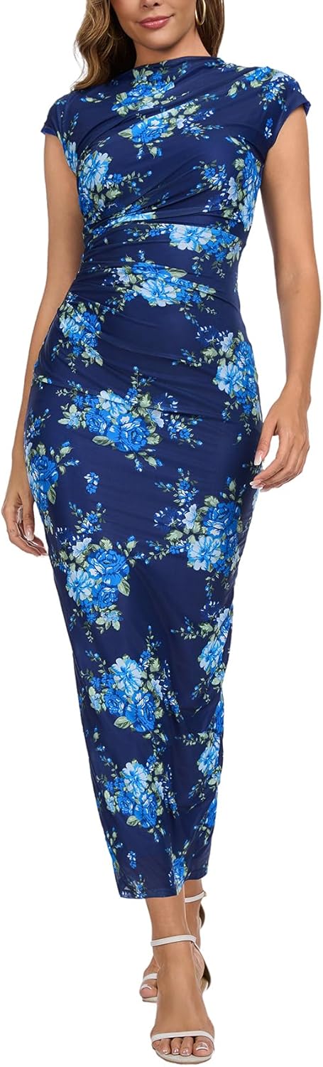 Women's Mock Neck Ruched Floral Mesh Bodycon Maxi Dress Cap Sleeve Tight Fitted Curvy Cocktail Club Party Dresses - Image 10