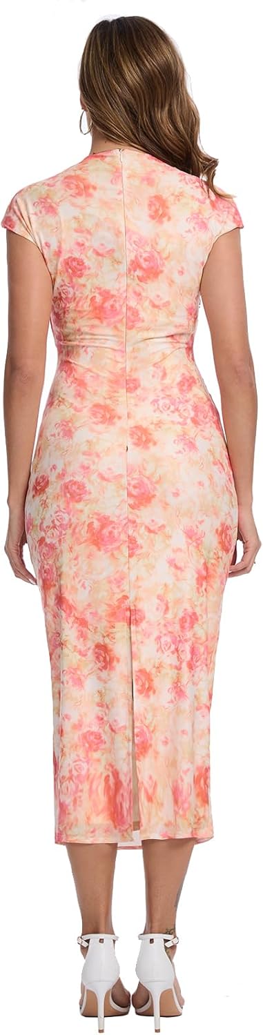 Women's Mock Neck Ruched Floral Mesh Bodycon Maxi Dress Cap Sleeve Tight Fitted Curvy Cocktail Club Party Dresses - Image 4