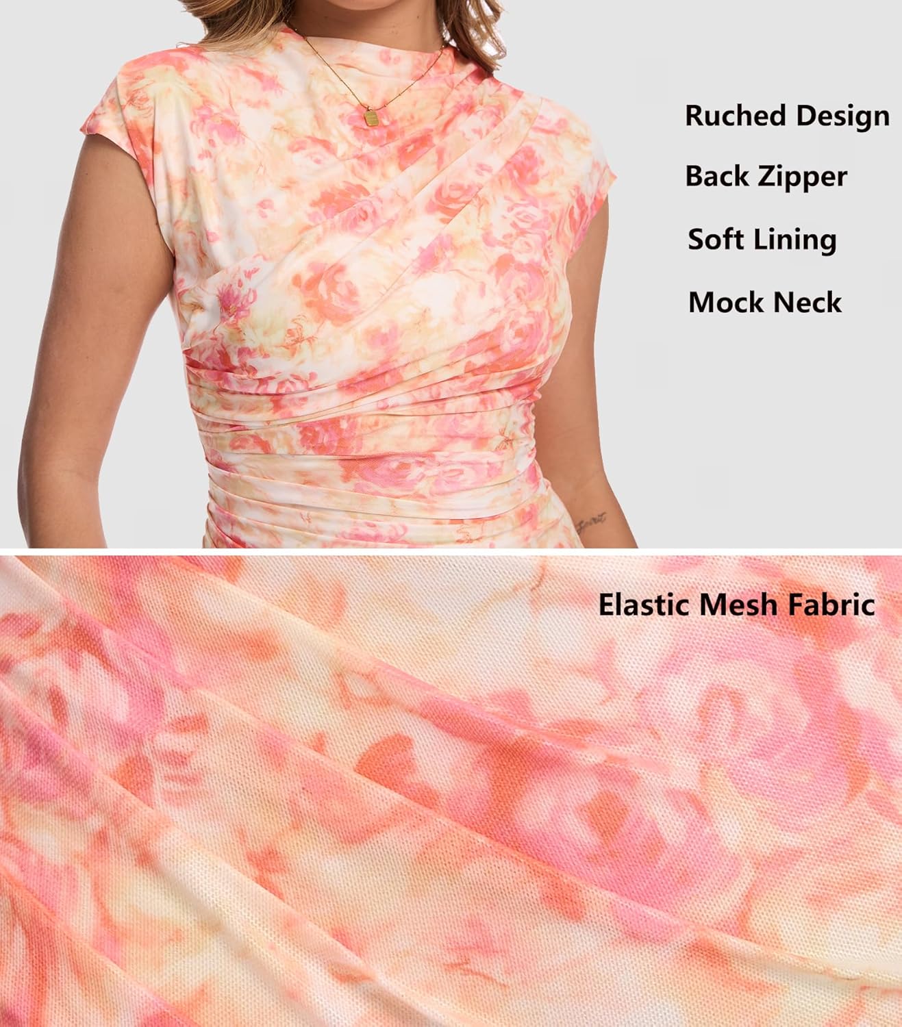 Women's Mock Neck Ruched Floral Mesh Bodycon Maxi Dress Cap Sleeve Tight Fitted Curvy Cocktail Club Party Dresses - Image 5