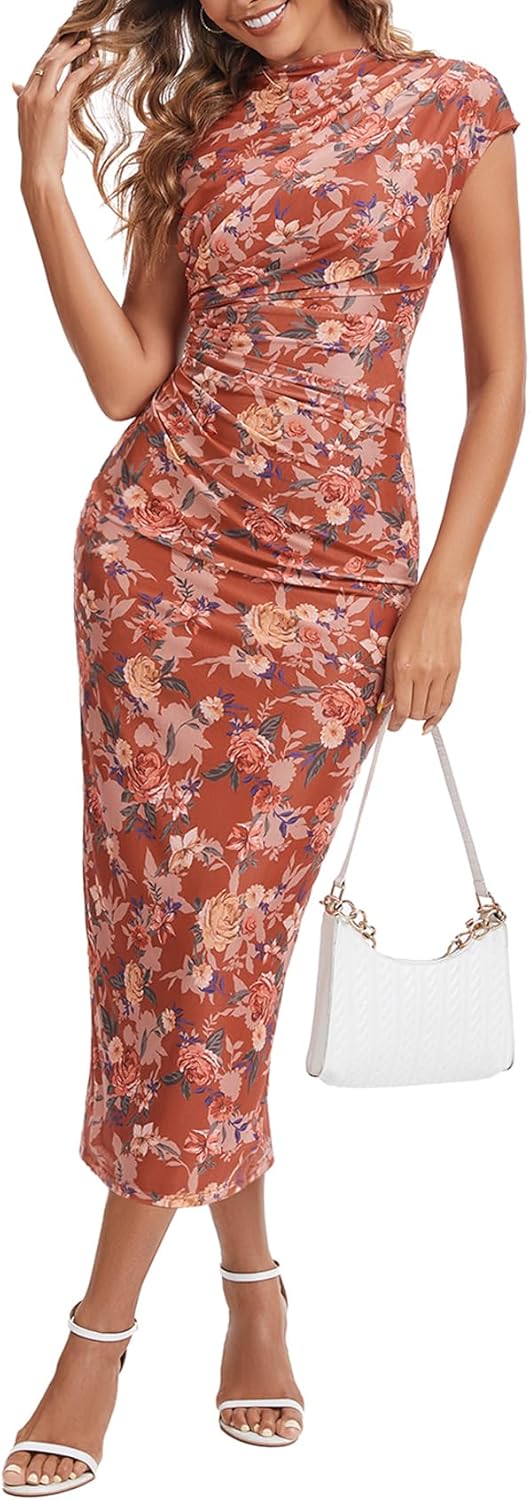 Women's Mock Neck Ruched Floral Mesh Bodycon Maxi Dress Cap Sleeve Tight Fitted Curvy Cocktail Club Party Dresses - Image 13