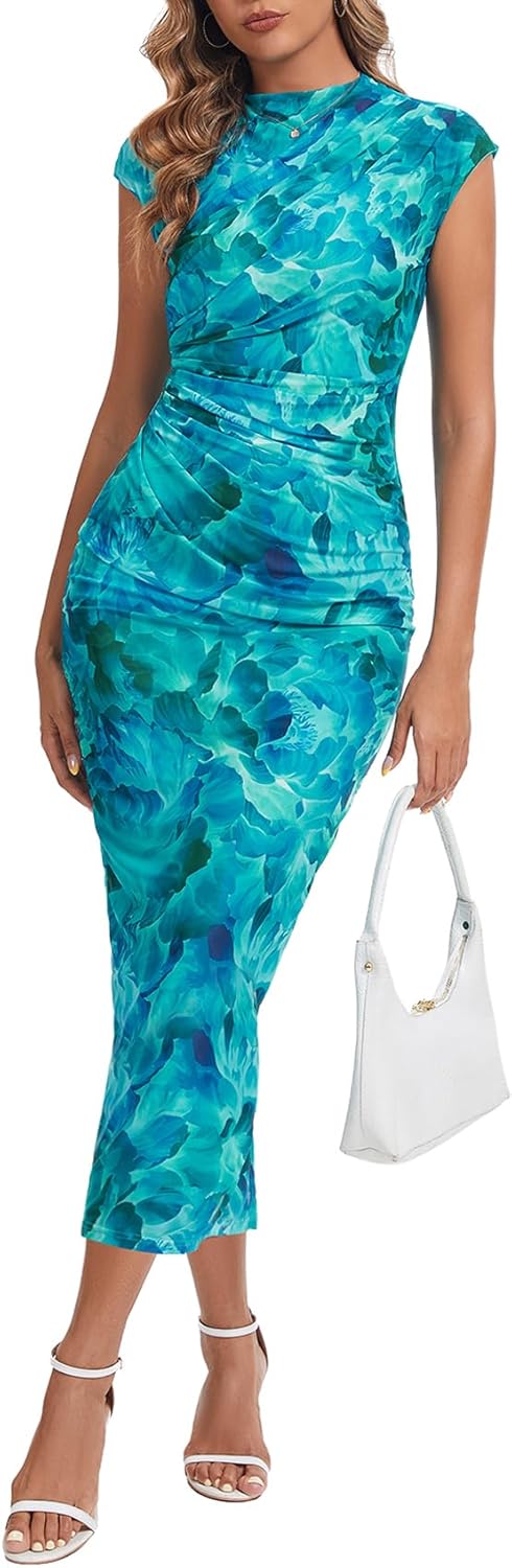 Women's Mock Neck Ruched Floral Mesh Bodycon Maxi Dress Cap Sleeve Tight Fitted Curvy Cocktail Club Party Dresses - Image 7