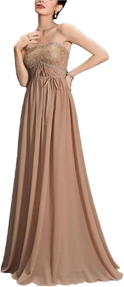 Women's Off-The-Shoulder Lace Chiffon Dress Ruffled Sequined Maxi Gown Evening Party Dress