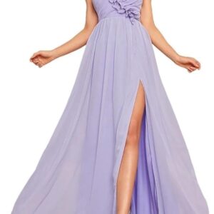 Women's One Shoulder Floral Pleated Chiffon Evening Dresses with Back Slit Full Skirt Formal Dress