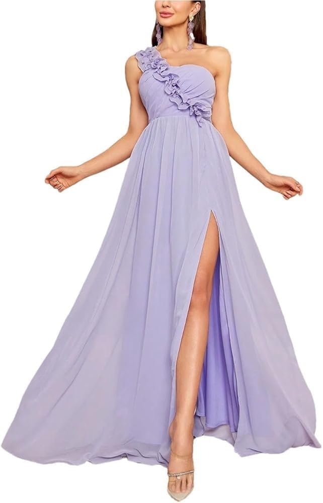 Women's One Shoulder Floral Pleated Chiffon Evening Dresses with Back Slit Full Skirt Formal Dress