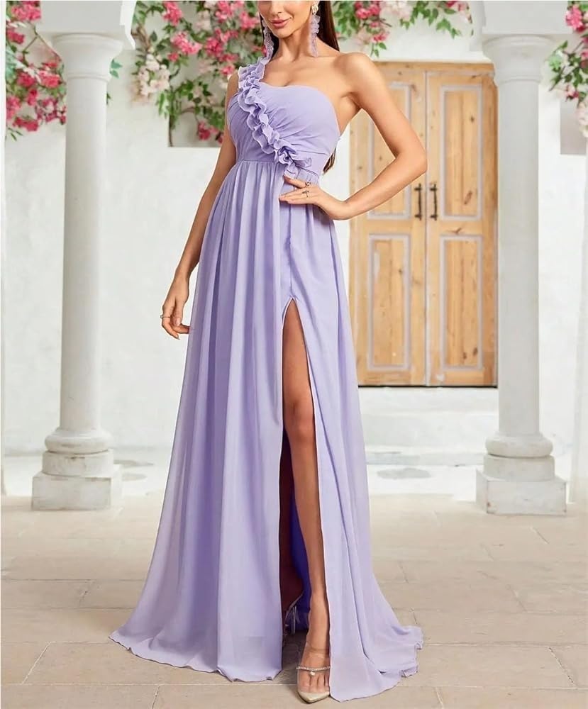 Women's One Shoulder Floral Pleated Chiffon Evening Dresses with Back Slit Full Skirt Formal Dress - Image 2
