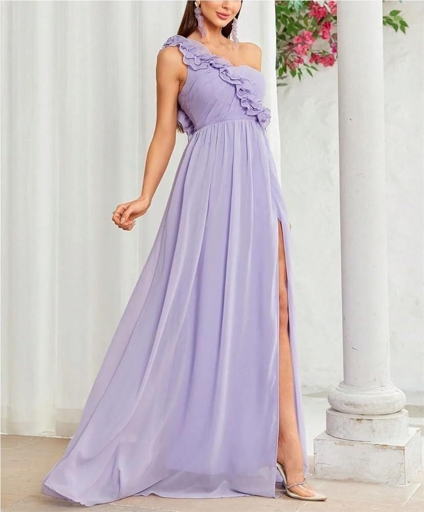 Women's One Shoulder Floral Pleated Chiffon Evening Dresses with Back Slit Full Skirt Formal Dress - Image 4