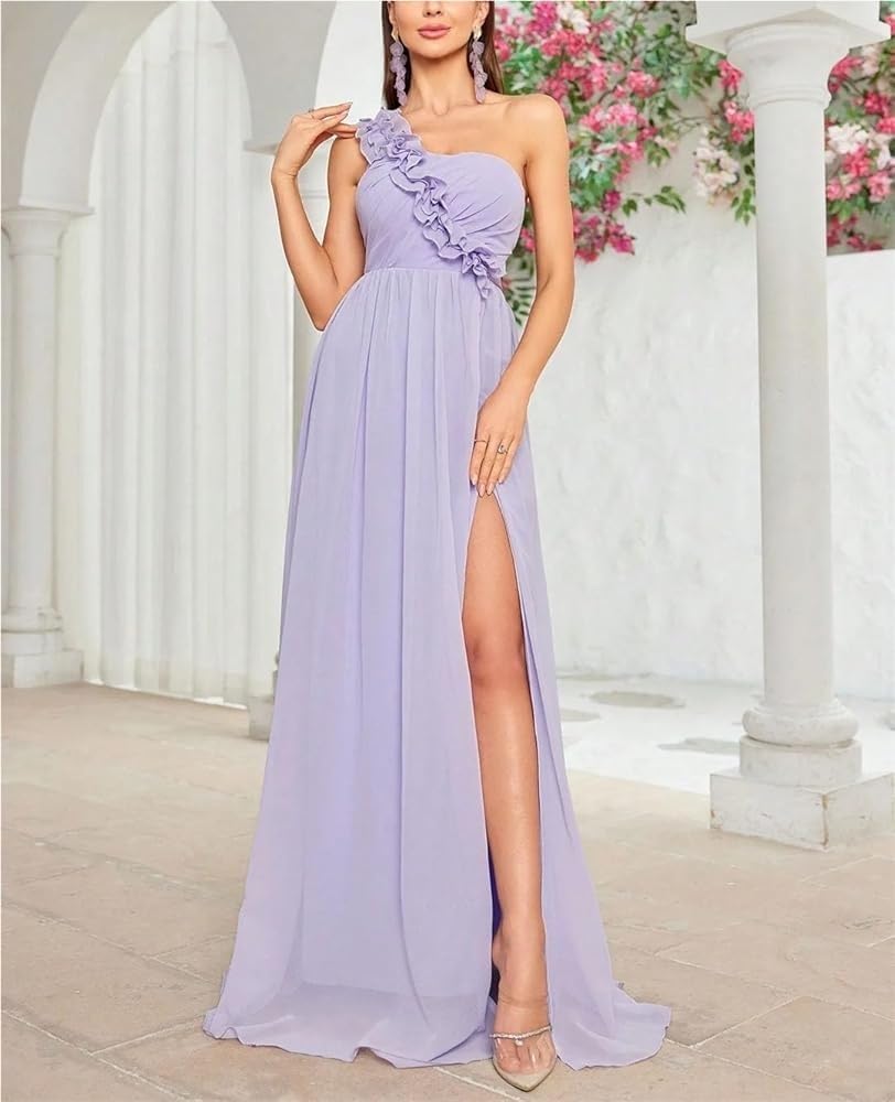 Women's One Shoulder Floral Pleated Chiffon Evening Dresses with Back Slit Full Skirt Formal Dress - Image 5